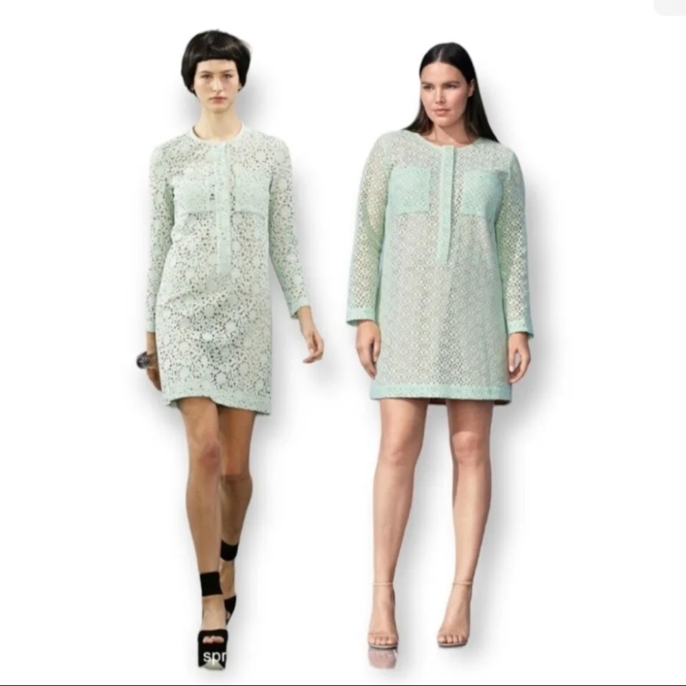 Victoria Beckham Long Sleeve Mini Dress | Green Nude Lace / Eyelet | Medium